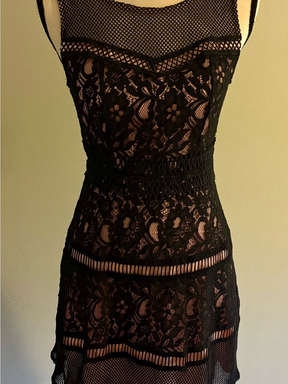 Shift Black Lace and Baby Pink Mini Dress with Mesh Insets NWT